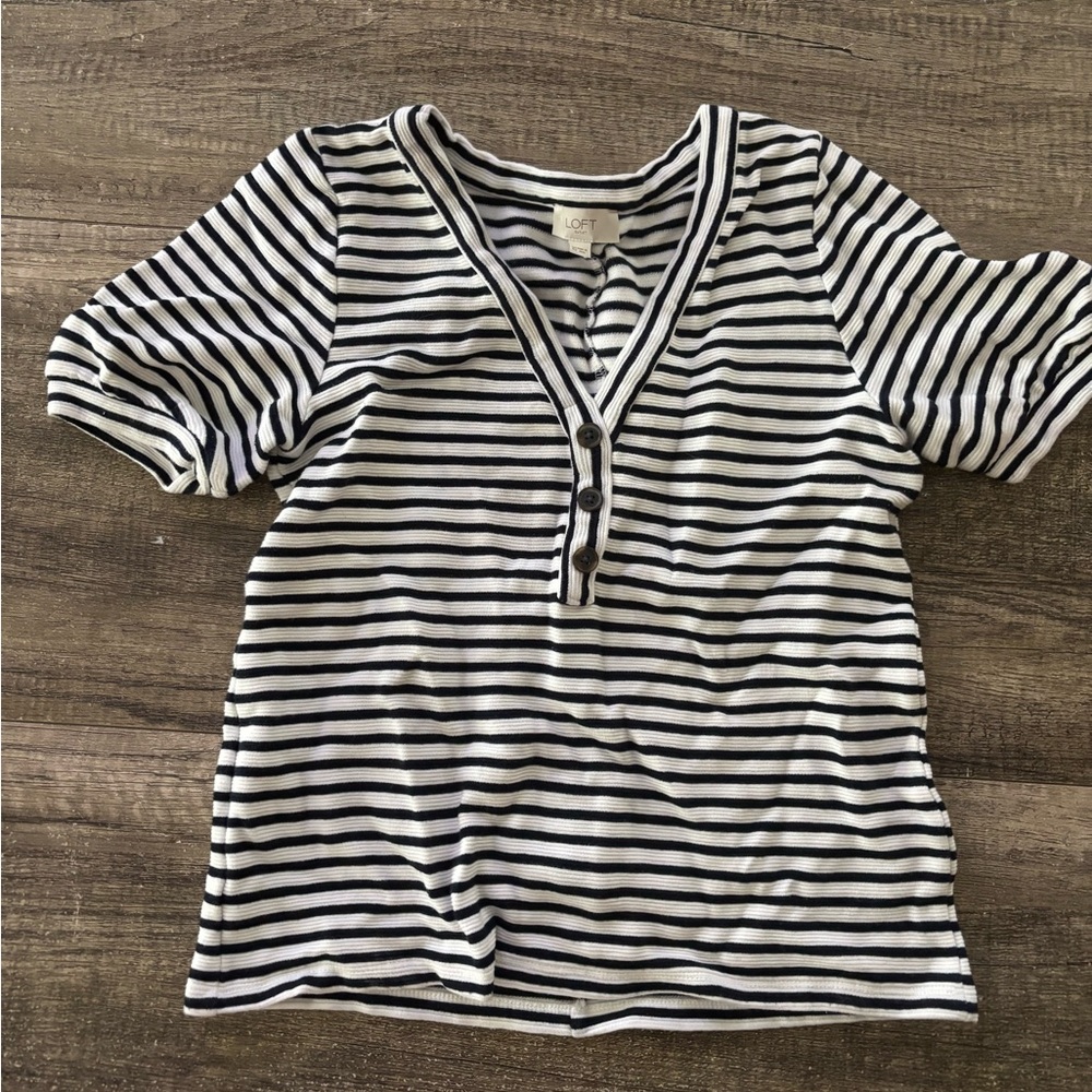 LOFT Black and White Striped V-Neck Top